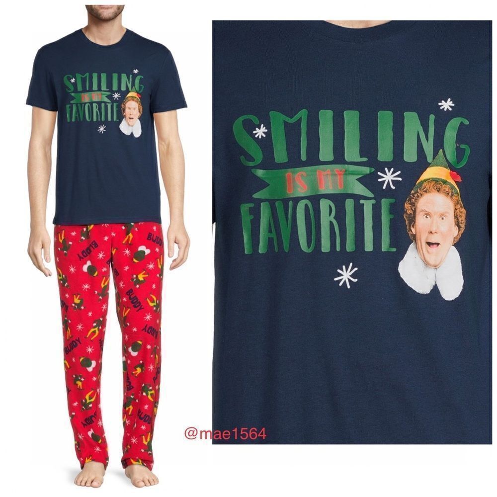 Elf Smiling is My Favorite 2pc Sleep Set Mens NWT Fleece Short Sleeve Buddy the